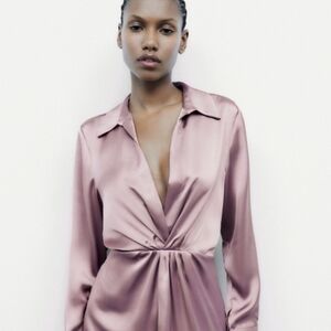 Zara Elegant Satin Wrap Dress in Mauve